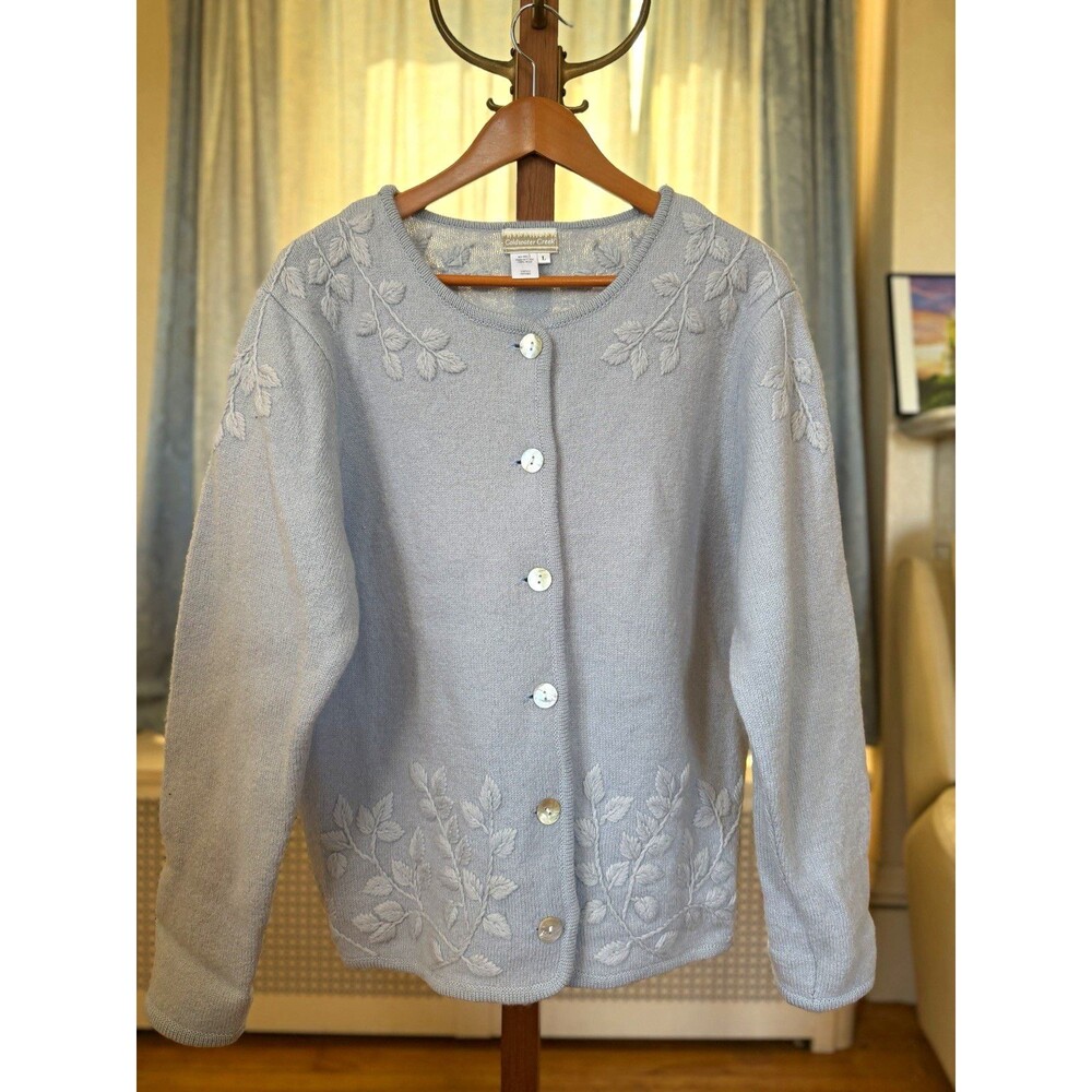 Coldwater Creek Women’s L Blue 100% Wool Knit Floral Embroidered Cardigan